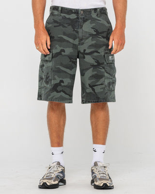 Man wearing Commando Camo Cargo Short in Overdyed Camo