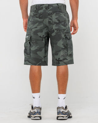 Man wearing Commando Camo Cargo Short in Overdyed Camo