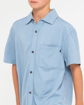 Boy wearing Overtone Short Sleeve Shirt Boys in Smoke Blue