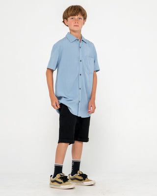 Boy wearing Overtone Short Sleeve Shirt Boys in Smoke Blue