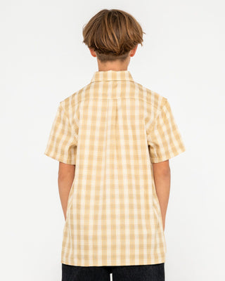 Boy wearing Datsun Check Short Sleeve Shirt Boys in Light Khaki