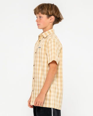 Boy wearing Datsun Check Short Sleeve Shirt Boys in Light Khaki