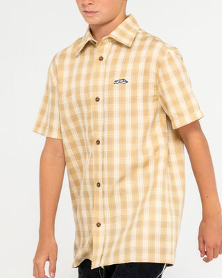 Boy wearing Datsun Check Short Sleeve Shirt Boys in Light Khaki