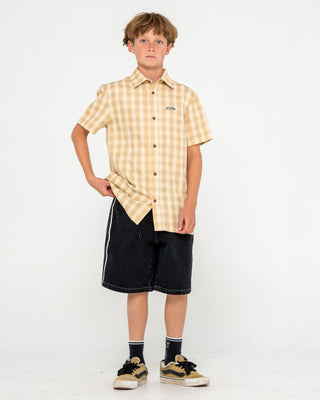 Boy wearing Datsun Check Short Sleeve Shirt Boys in Light Khaki