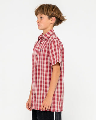 Boy wearing Datsun Check Short Sleeve Shirt Boys in Vintage Red