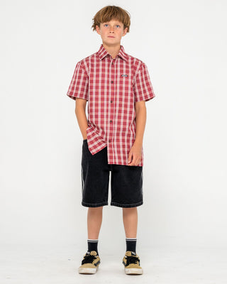 Boy wearing Datsun Check Short Sleeve Shirt Boys in Vintage Red