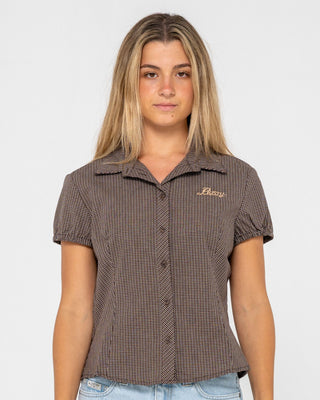 Woman wearing Missy May Check Shirt in Java Plaid