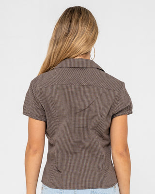 Woman wearing Missy May Check Shirt in Java Plaid