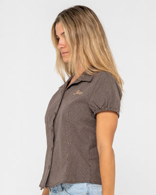 Woman wearing Missy May Check Shirt in Java Plaid