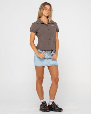 Woman wearing Missy May Check Shirt in Java Plaid