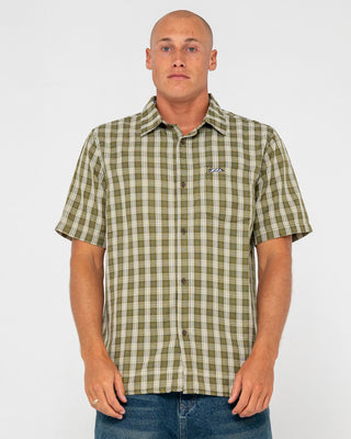 Man wearing Datsun Check Short Sleeve Shirt in Army Green