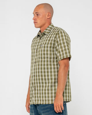 Man wearing Datsun Check Short Sleeve Shirt in Army Green