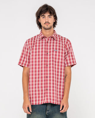 Man wearing Datsun Check Short Sleeve Shirt in Vintage Red