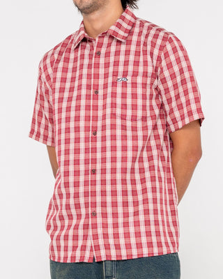 Man wearing Datsun Check Short Sleeve Shirt in Vintage Red