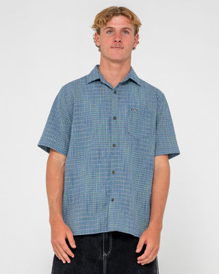 Man wearing Datsun Drop Short Sleeve Shirt in China Blue
