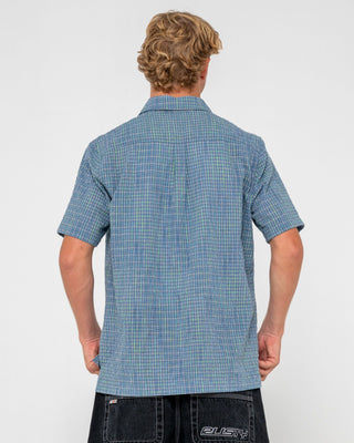 Man wearing Datsun Drop Short Sleeve Shirt in China Blue