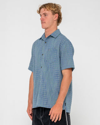 Man wearing Datsun Drop Short Sleeve Shirt in China Blue