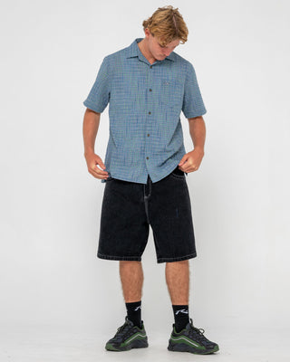 Man wearing Datsun Drop Short Sleeve Shirt in China Blue