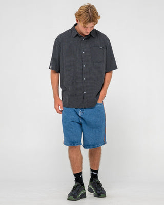 Man wearing Acemo Check Short Sleeve Shirt in Black