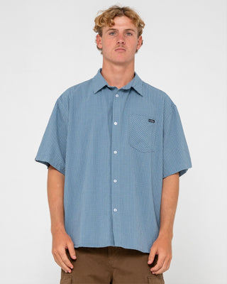 Man wearing Acemo Check Short Sleeve Shirt in China Blue