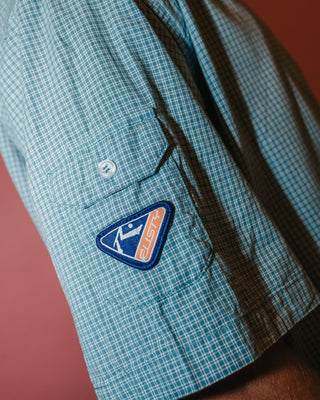 Man wearing Stasha Pocket Short Sleeve Shirt in China Blue