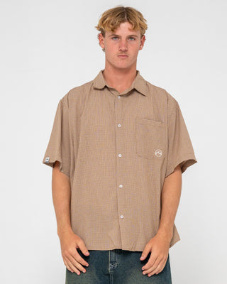 Man wearing Hoodus Check Short Sleeve Shirt in Tobacco