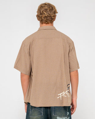 Man wearing Hoodus Check Short Sleeve Shirt in Tobacco
