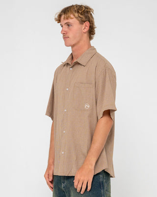 Man wearing Hoodus Check Short Sleeve Shirt in Tobacco