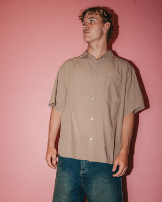 Man wearing Hoodus Check Short Sleeve Shirt in Tobacco