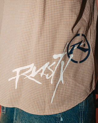 Man wearing Hoodus Check Short Sleeve Shirt in Tobacco