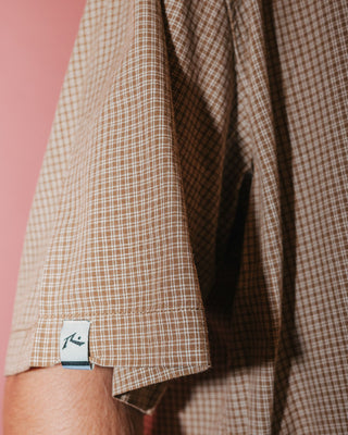 Man wearing Hoodus Check Short Sleeve Shirt in Tobacco