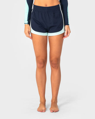 Woman wearing Elastic Panel Crank Boardshort in Navy Blue / Aqua