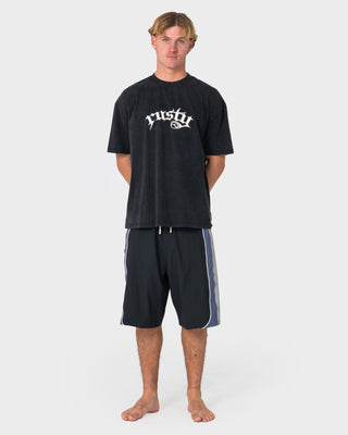 Man wearing Power-wing Fixed Waist Boardshort in Black Grey