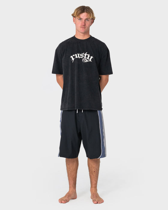 man-wearing-power-wing-fixed-waist-boardshort-in-black-grey