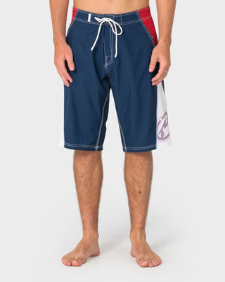 Man wearing Sandglass Fixed Waist Boardshort in Navy Blue