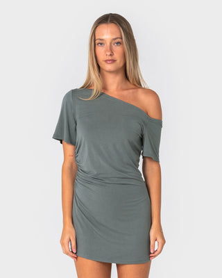 Woman wearing Sally Slouch Off Shoulder Dress in Khaki