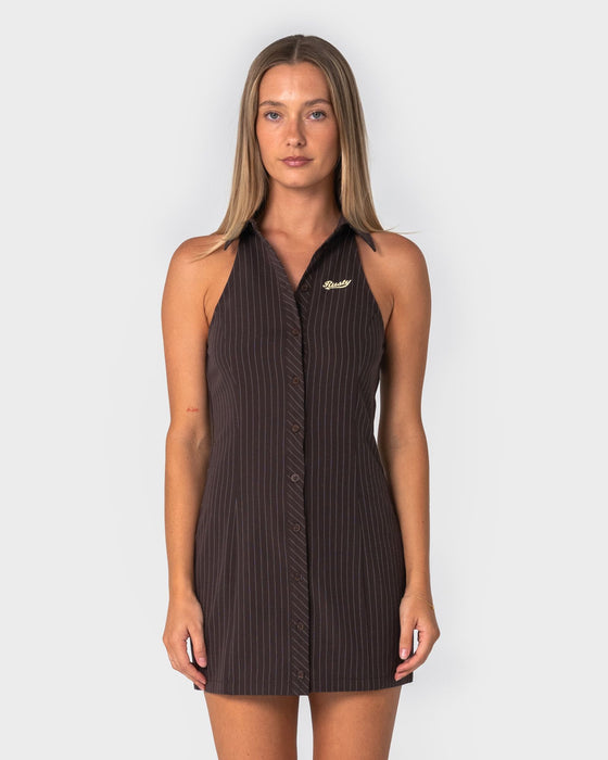 woman-wearing-missy-may-sleeveless-mini-dress-in-java-pinstripe