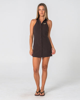 Woman wearing Missy May Sleeveless Mini Dress in Java Pinstripe