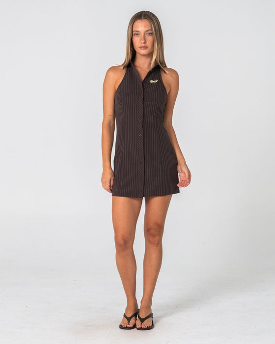 woman-wearing-missy-may-sleeveless-mini-dress-in-java-pinstripe
