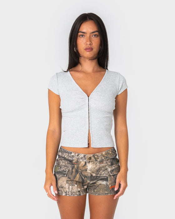 woman-wearing-im-hooked-cap-sleeve-fashion-top-in-grey-marle