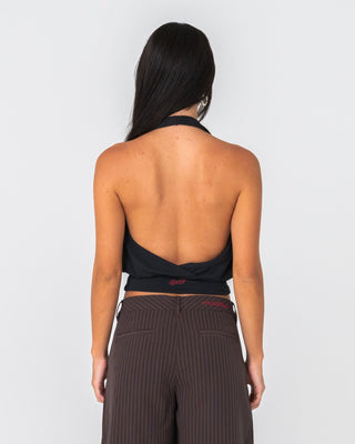 Woman wearing Honey Halter Top in Black