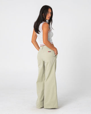 Woman wearing Beverley Low Rise Pant in Eucalyptus
