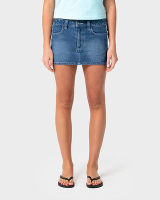 Woman wearing Flip Mommy Low Rise Mini Denim Skirt 2.0 in Blasted Middy Blue / Blue