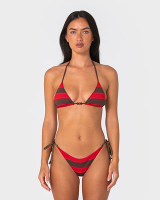 Woman wearing Rack City Contrast Triangle Bikini Top in Java