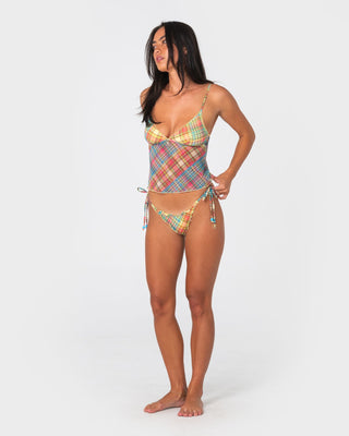 Woman wearing Check Moi Brazilian Bikini Bottom in Multi Check