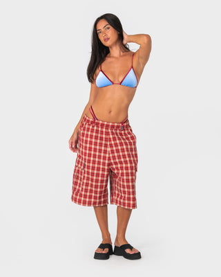 Woman wearing Sugary Sliding Tri Bikini Top in Cornflour Blue / Red