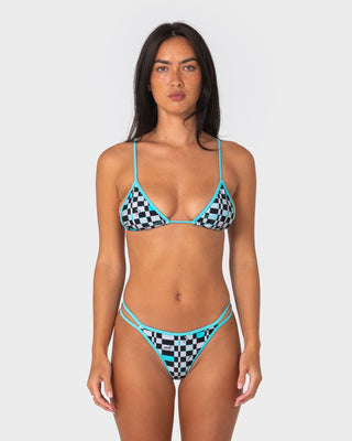 Woman wearing Avril Sliding Tri Bikini Top in Check / Aqua