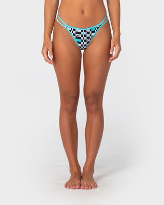 Woman wearing Avril Brazilian Bikini Bottom in Check / Aqua