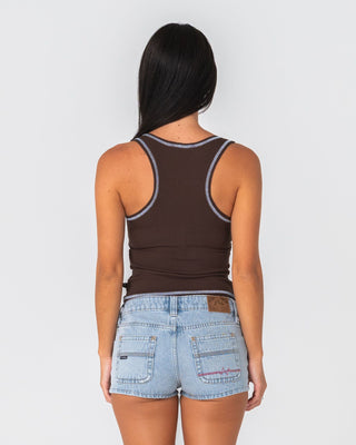 Woman wearing Dirrty Racer Tank in Java / Retro Blue