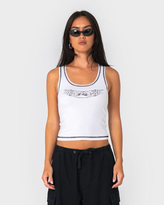 Woman wearing Dirrty Racer Tank in White